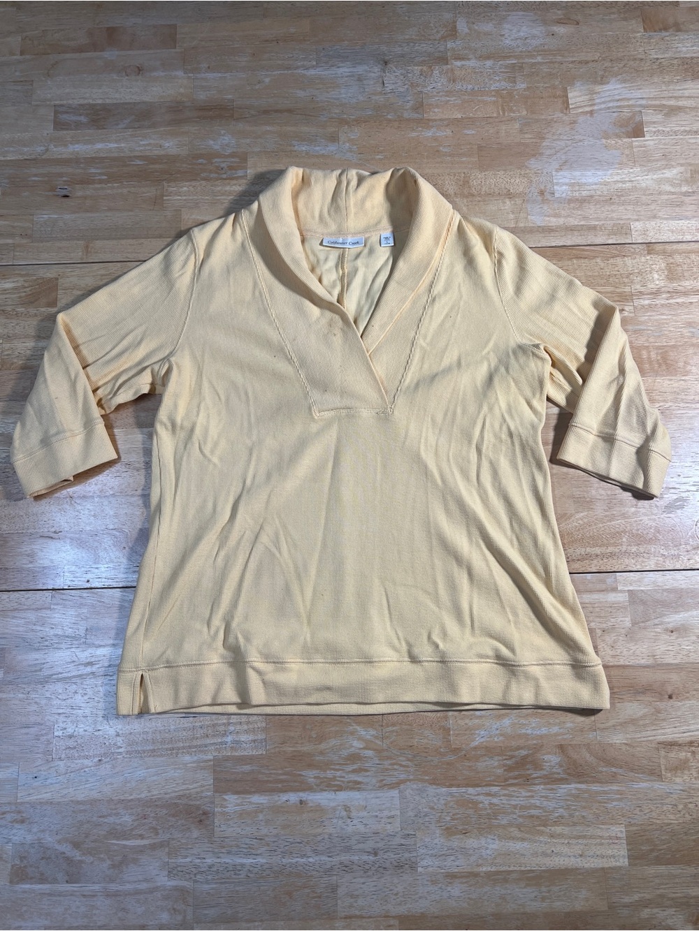 Coldwater Creek Yellow Waffle Knit Pullover Shirt Size L 14-16 Shawl Collar 3/4